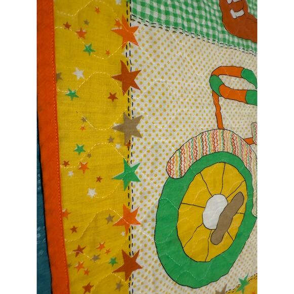 Vintage It’s A Boy Baby Quilt 34x43 Retro Appliqué Nursery Blanket Trains Bike - Picture 6 of 10